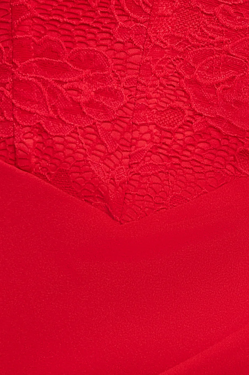 One Shoulder Organza Fan Detail Lace Bodice Maxi Dress - Red by Goddiva sold by Goddiva product image thumbnail 4