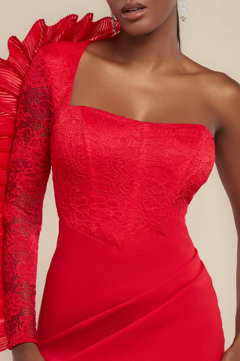 One Shoulder Organza Fan Detail Lace Bodice Maxi Dress - Red by Goddiva sold by Goddiva product image thumbnail 3