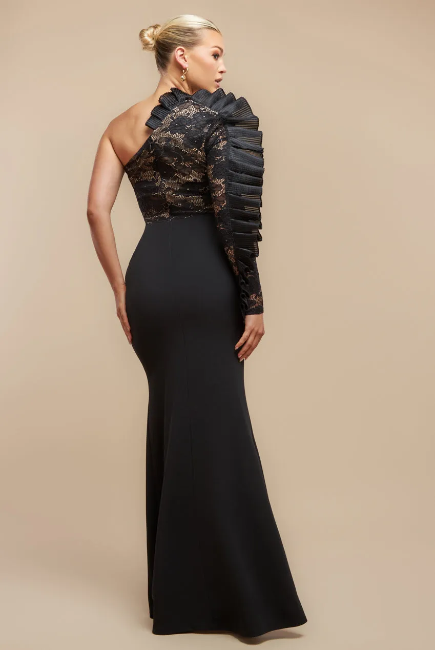 One Shoulder Organza Fan Detail Lace Bodice Maxi Dress - Black by Goddiva sold by Goddiva product image thumbnail 3