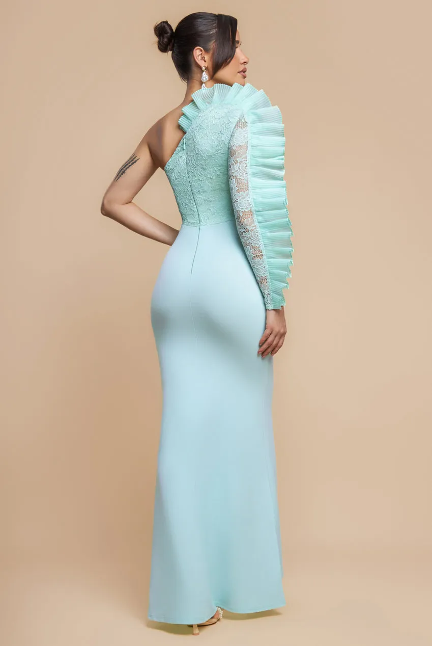One Shoulder Organza Fan Detail Lace Bodice Maxi Dress - Mint Green by Goddiva sold by Goddiva product image thumbnail 2