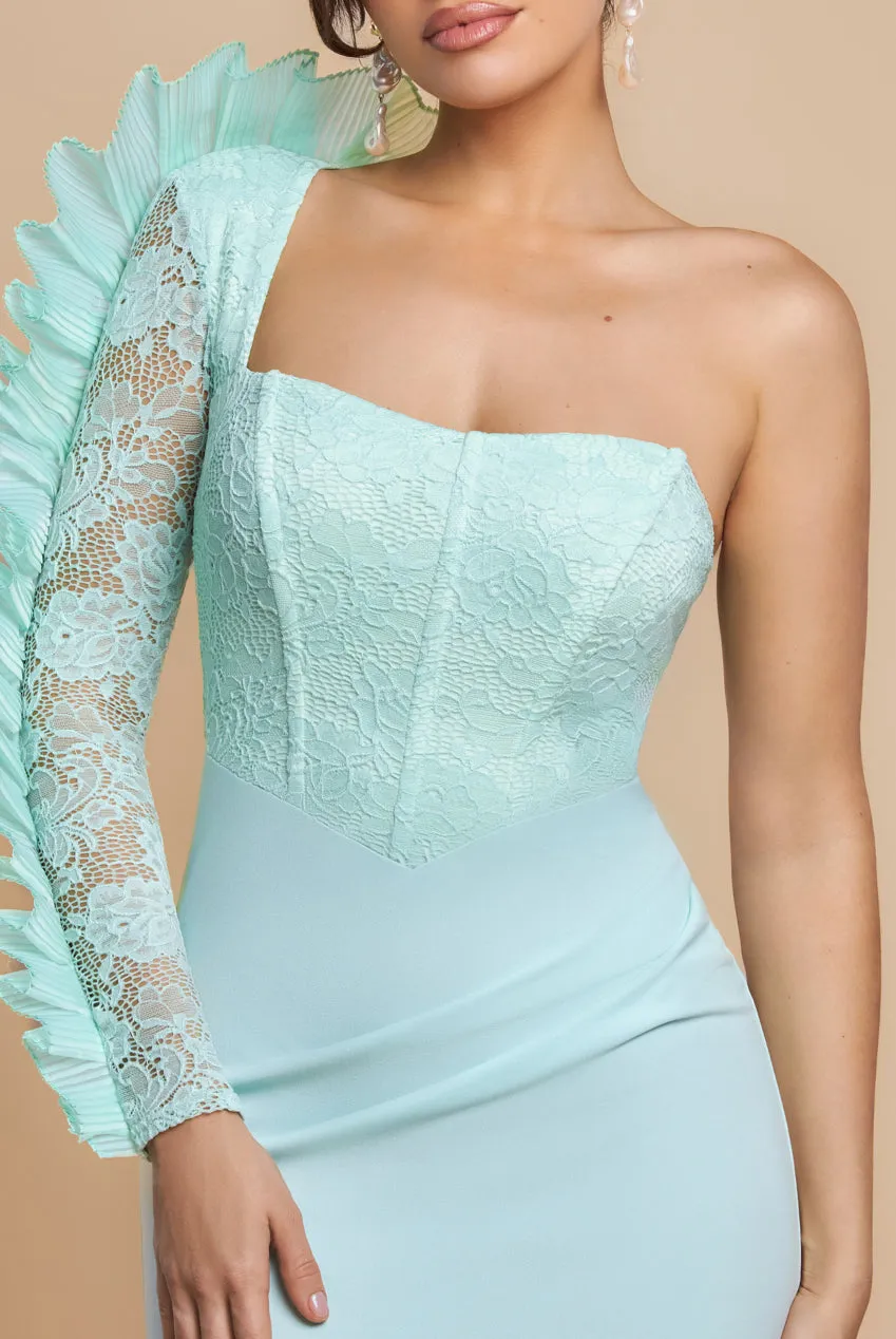 One Shoulder Organza Fan Detail Lace Bodice Maxi Dress - Mint Green by Goddiva sold by Goddiva product image thumbnail 3
