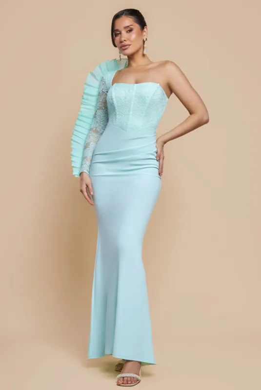 One Shoulder Organza Fan Detail Lace Bodice Maxi Dress - Mint Green by Goddiva sold by Goddiva