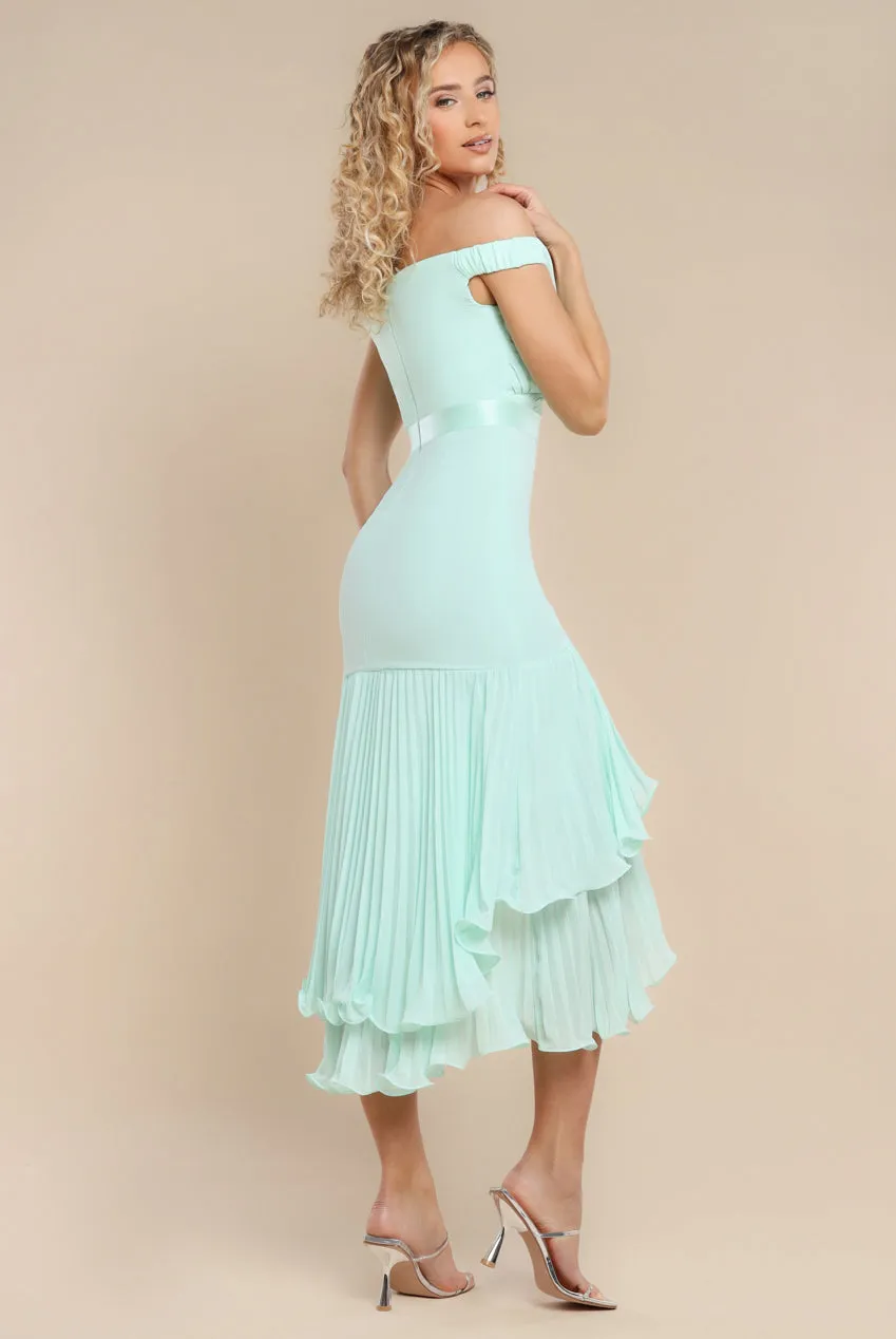 Pleated Bardot High Low Tier Chiffon Midaxi Dress - Mint Green by Goddiva sold by Goddiva product image thumbnail 2