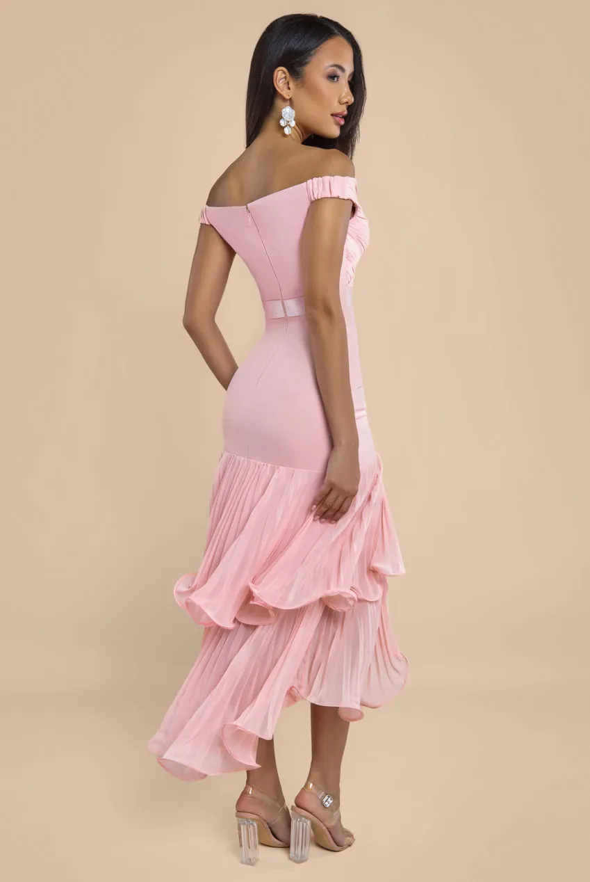 Pleated Bardot High Low Tier Chiffon Midaxi Dress - Blush Pink by Goddiva sold by Goddiva product image thumbnail 2