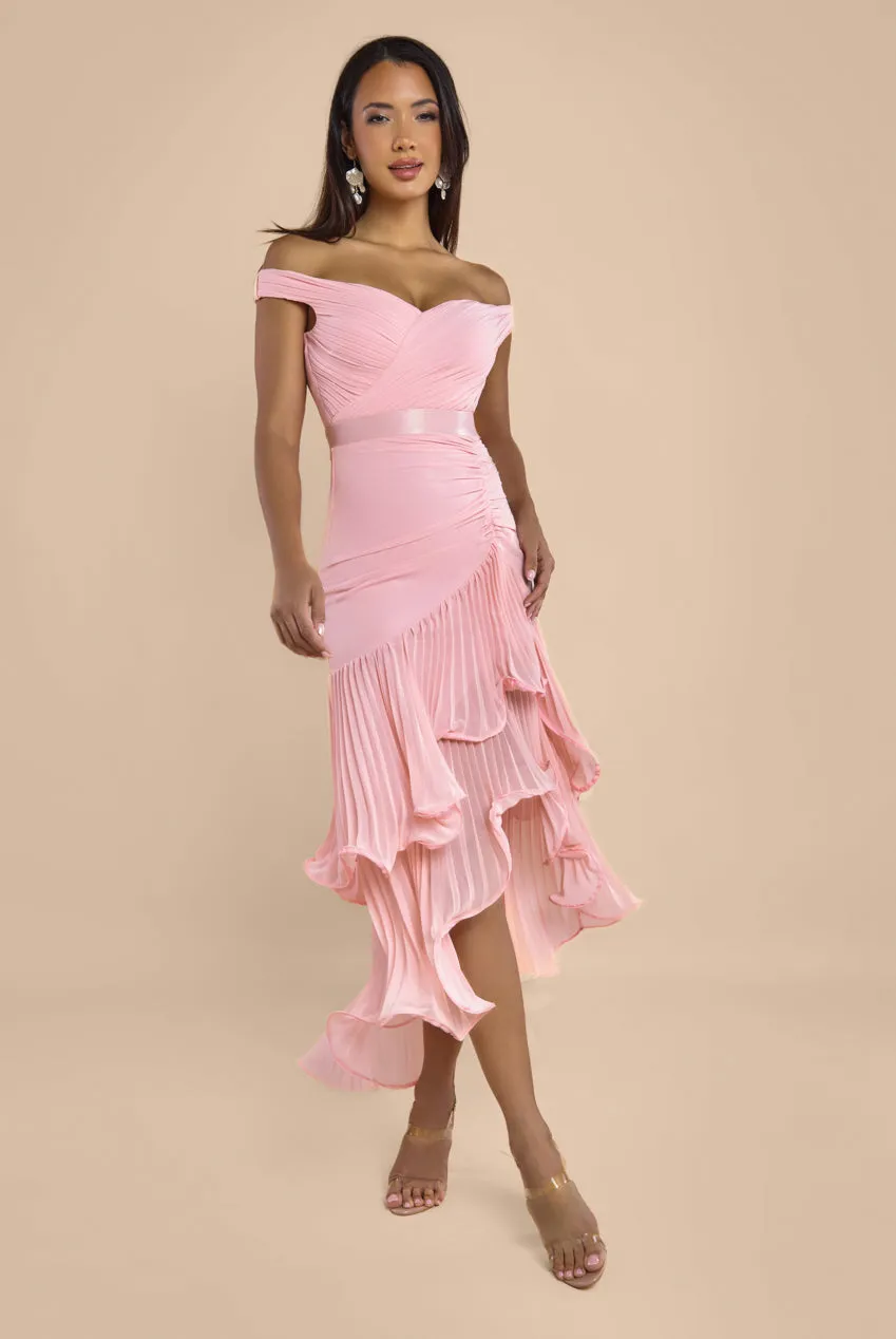 Pleated Bardot High Low Tier Chiffon Midaxi Dress - Blush Pink by Goddiva sold by Goddiva