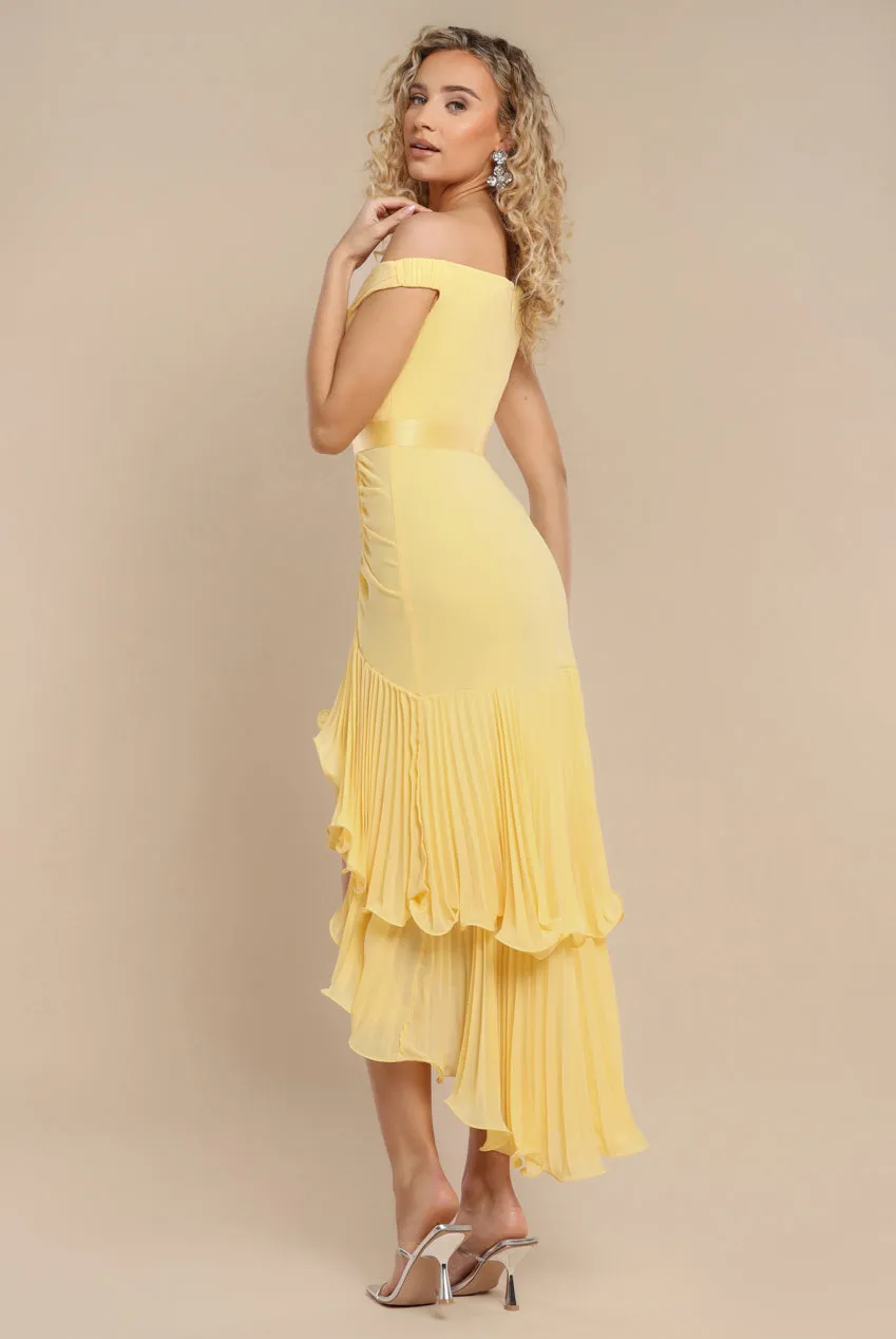 Pleated Bardot High Low Tier Chiffon Midaxi Dress - Lemon by Goddiva sold by Goddiva product image thumbnail 3