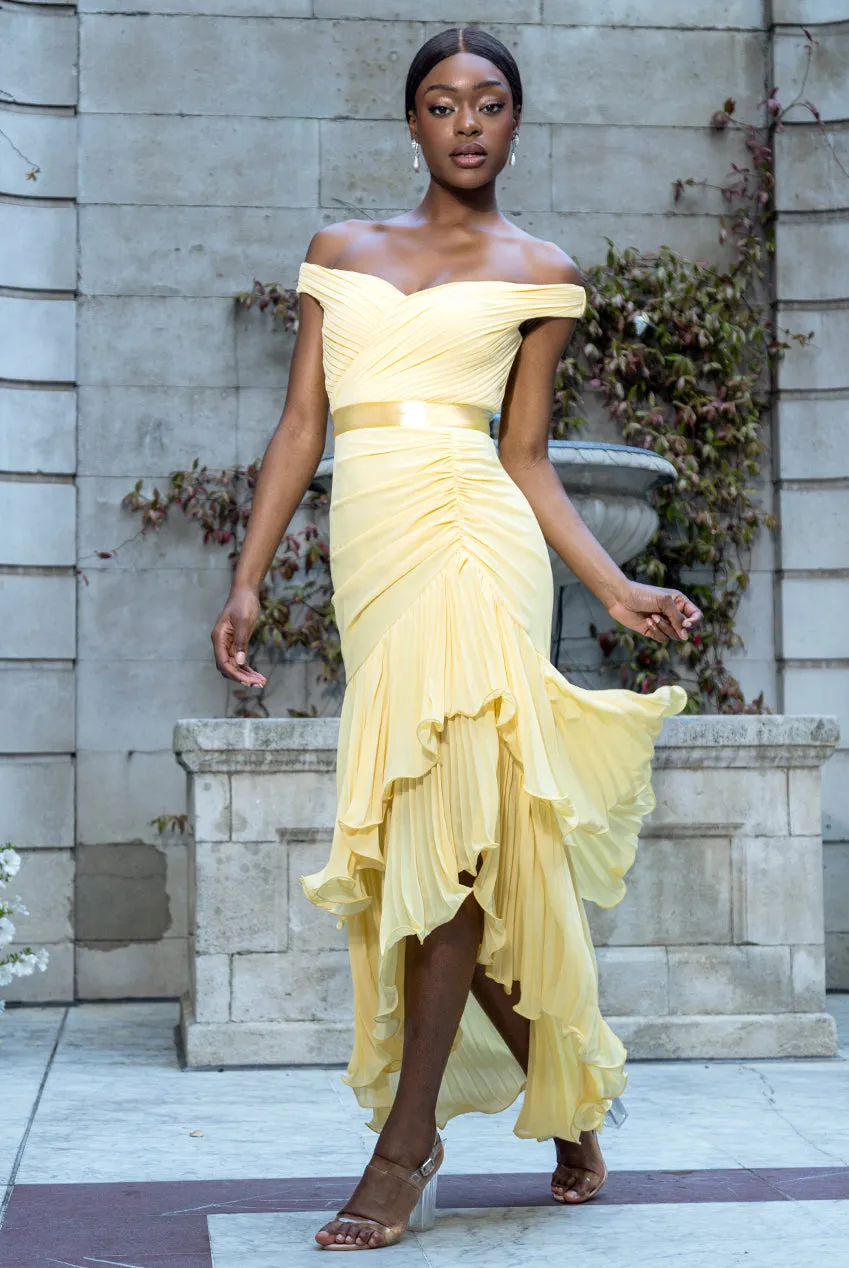 Pleated Bardot High Low Tier Chiffon Midaxi Dress - Lemon by Goddiva sold by Goddiva