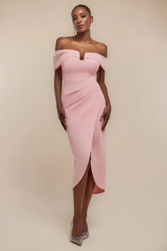 Off The Shoulder Chiffon Wing Scuba Crepe Midi Dress - Blush Pink by Goddiva sold by Goddiva