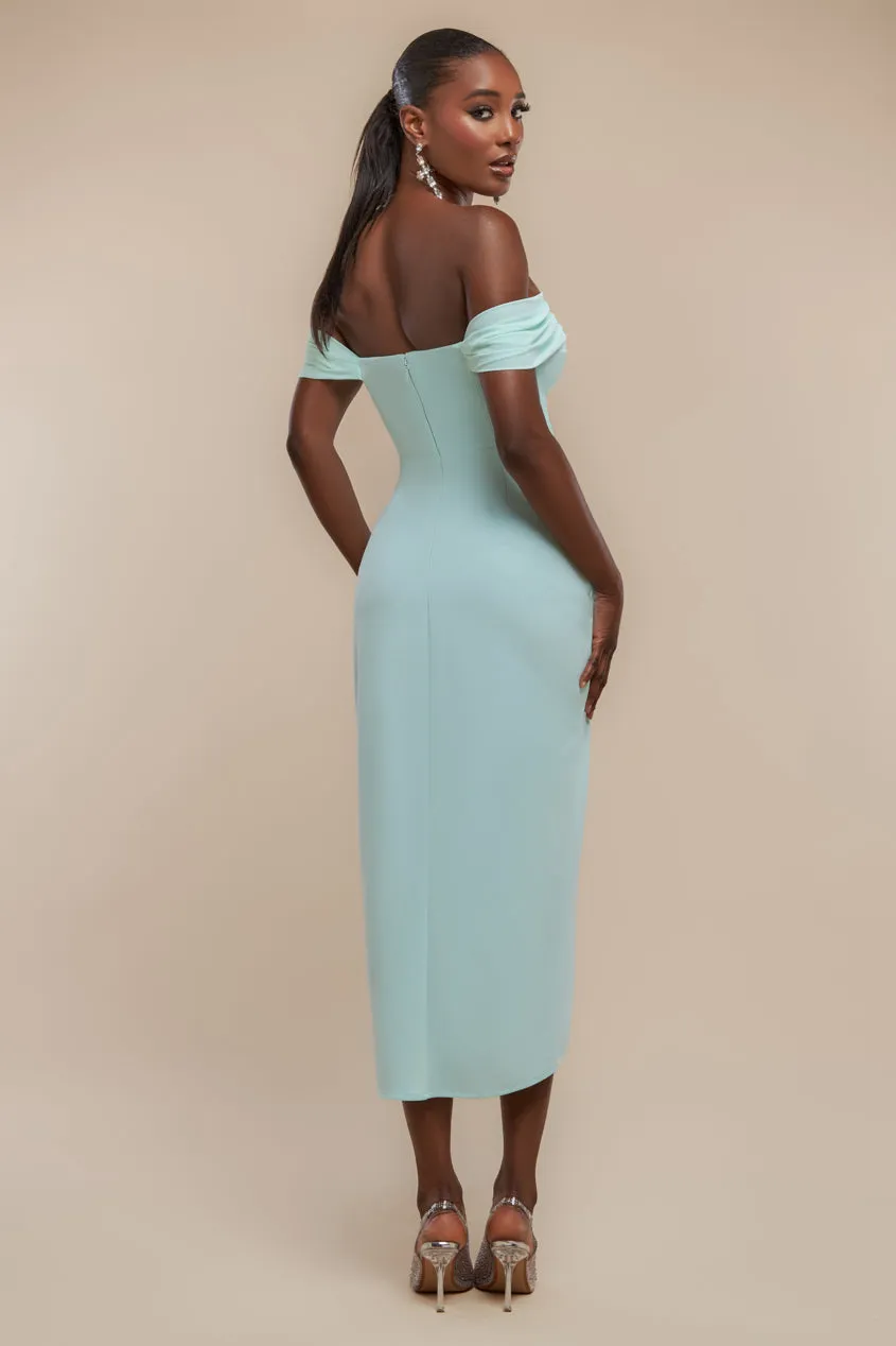 Off The Shoulder Chiffon Wing Scuba Crepe Midi Dress - Mint Green by Goddiva sold by Goddiva product image thumbnail 2