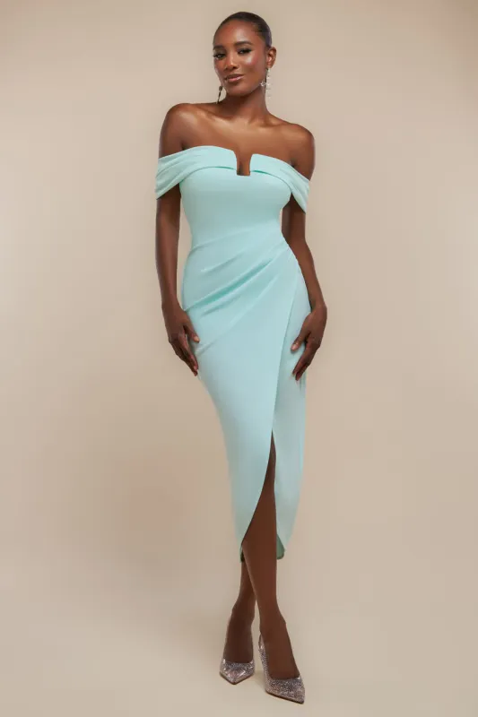 Off The Shoulder Chiffon Wing Scuba Crepe Midi Dress - Mint Green by Goddiva sold by Goddiva