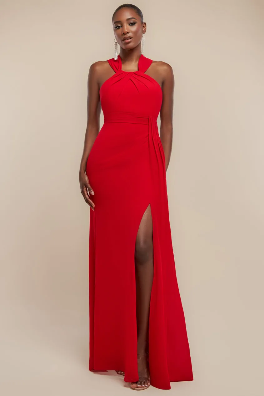 Halterneck Thigh Split Chiffon Maxi Dress - Red by Goddiva sold by Goddiva product image thumbnail 2