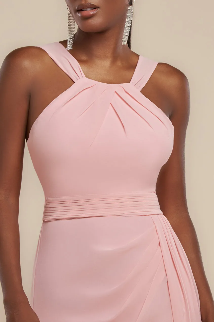 Halterneck Thigh Split Chiffon Maxi Dress - Blush Pink by Goddiva sold by Goddiva product image thumbnail 4