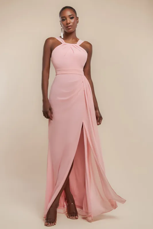 Halterneck Thigh Split Chiffon Maxi Dress - Blush Pink by Goddiva sold by Goddiva
