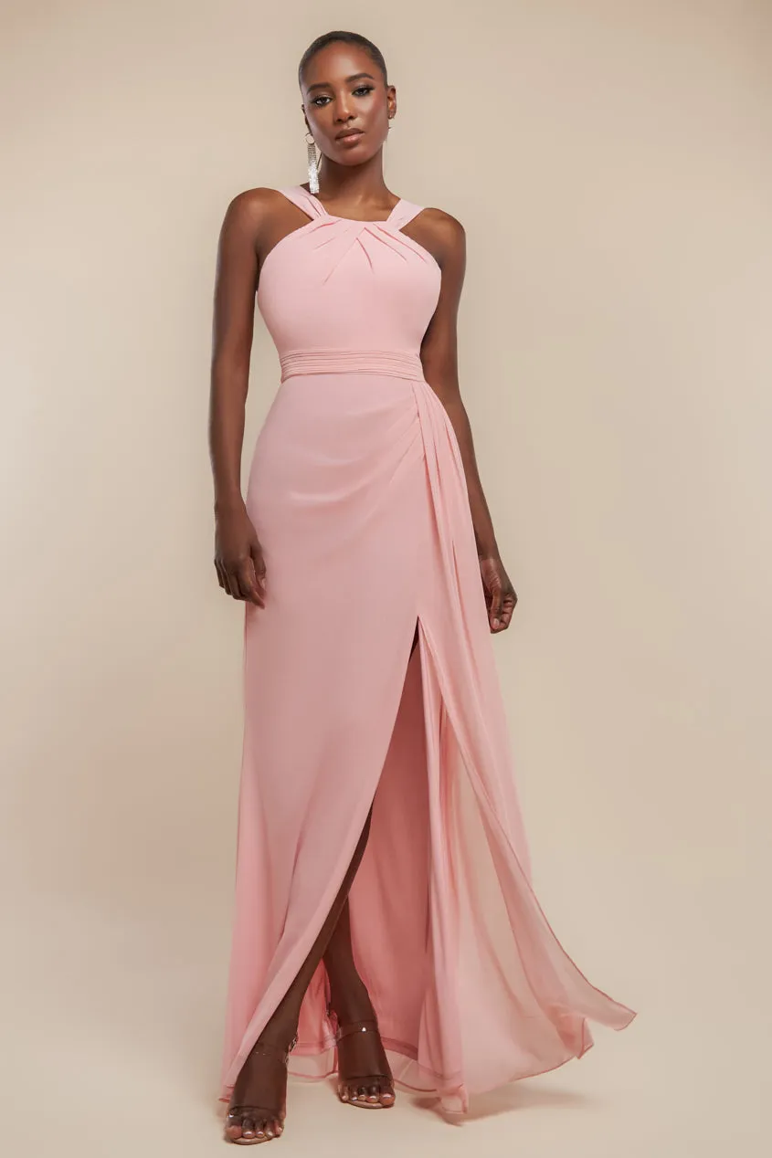Halterneck Thigh Split Chiffon Maxi Dress - Blush Pink by Goddiva sold by Goddiva