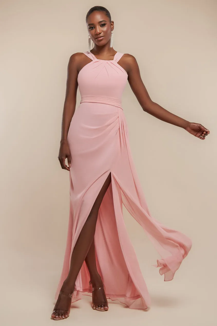 Halterneck Thigh Split Chiffon Maxi Dress - Blush Pink by Goddiva sold by Goddiva product image thumbnail 3