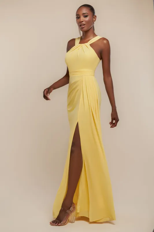 Halterneck Thigh Split Chiffon Maxi Dress - Lemon by Goddiva sold by Goddiva