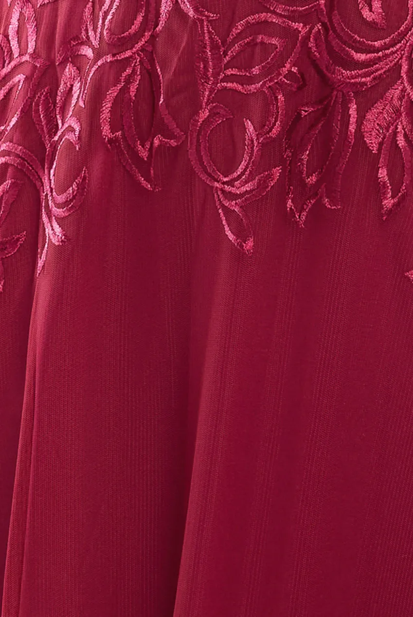 Lace Flutter Sleeve Embroidered Mesh A Line Maxi Dress - Burgundy by Goddiva sold by Goddiva product image thumbnail 4