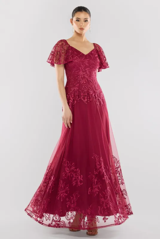 Lace Flutter Sleeve Embroidered Mesh A Line Maxi Dress - Burgundy by Goddiva sold by Goddiva