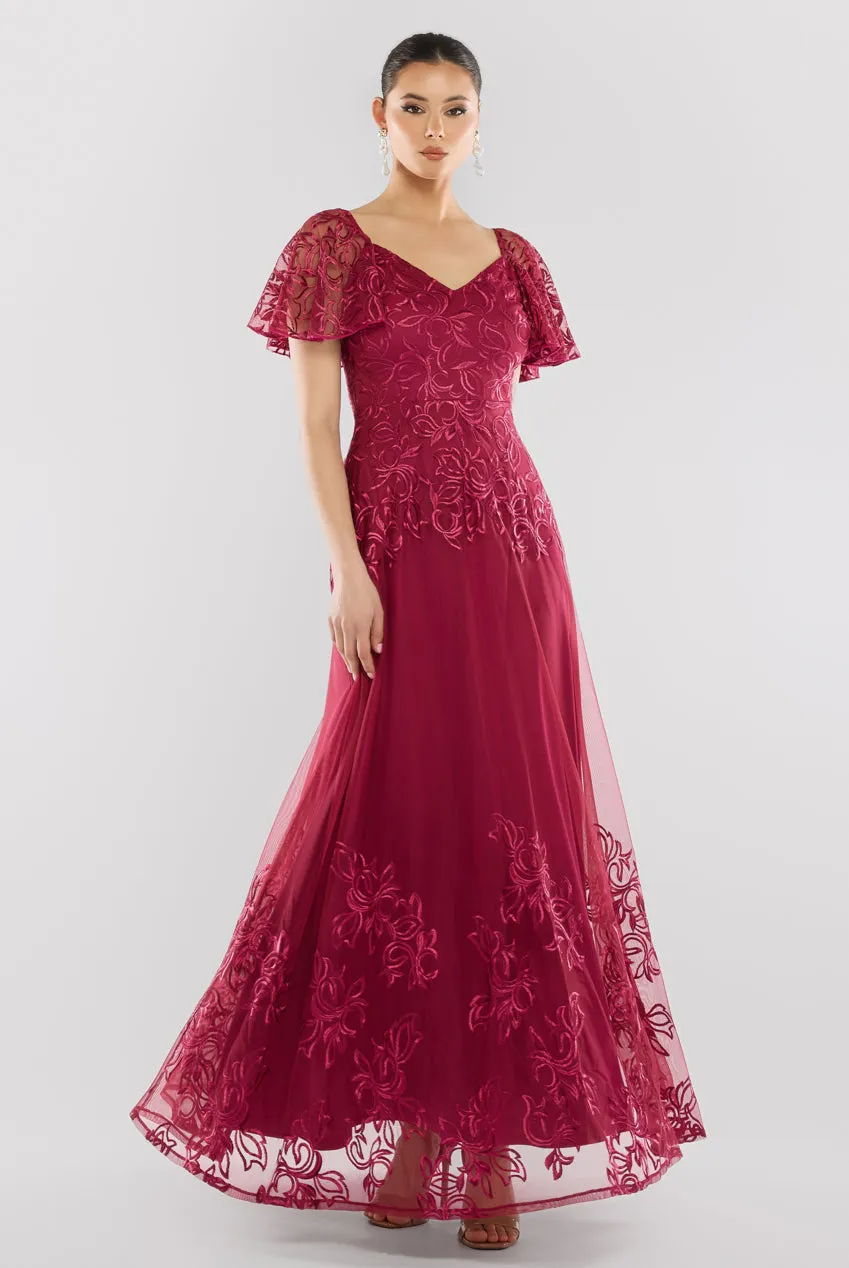 Lace Flutter Sleeve Embroidered Mesh A Line Maxi Dress - Burgundy by Goddiva sold by Goddiva