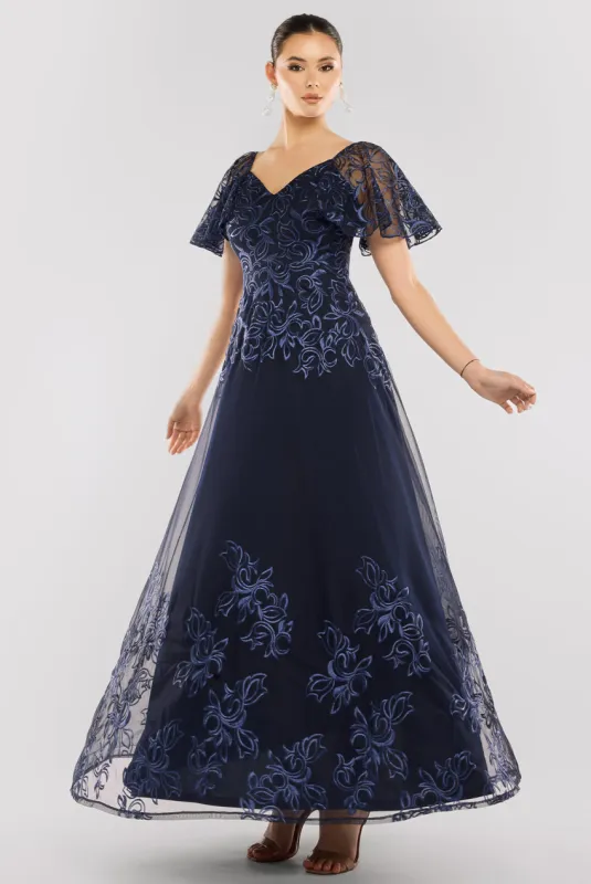 Lace Flutter Sleeve Embroidered Mesh A Line Maxi Dress - Navy Blue by Goddiva sold by Goddiva