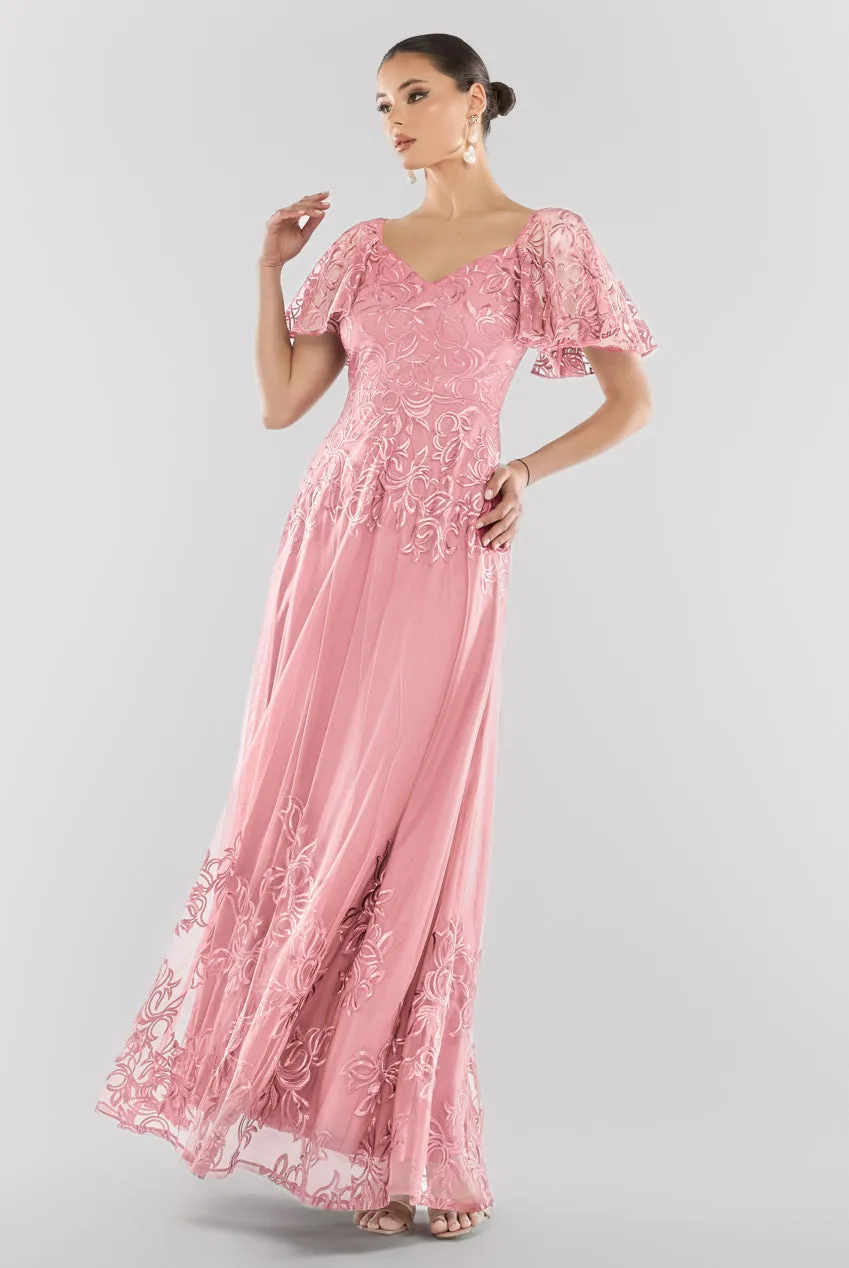 Lace Flutter Sleeve Embroidered Mesh A Line Maxi Dress - Pink by Goddiva sold by Goddiva product image thumbnail 3