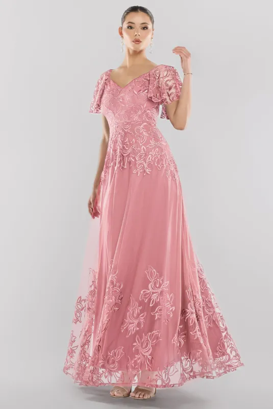 Lace Flutter Sleeve Embroidered Mesh A Line Maxi Dress - Pink by Goddiva sold by Goddiva