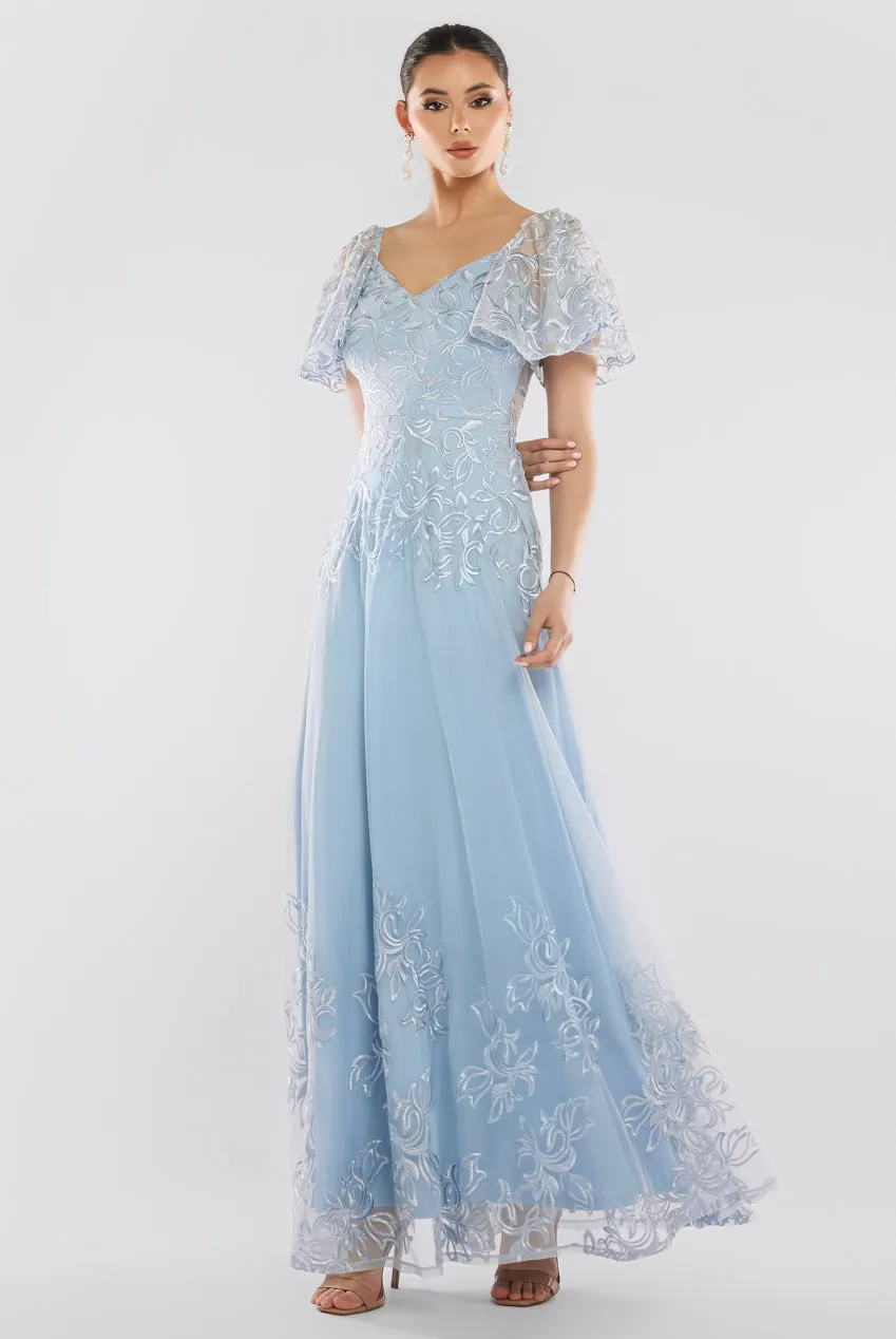Lace Flutter Sleeve Embroidered Mesh A Line Maxi Dress - Blue by Goddiva sold by Goddiva product image thumbnail 2