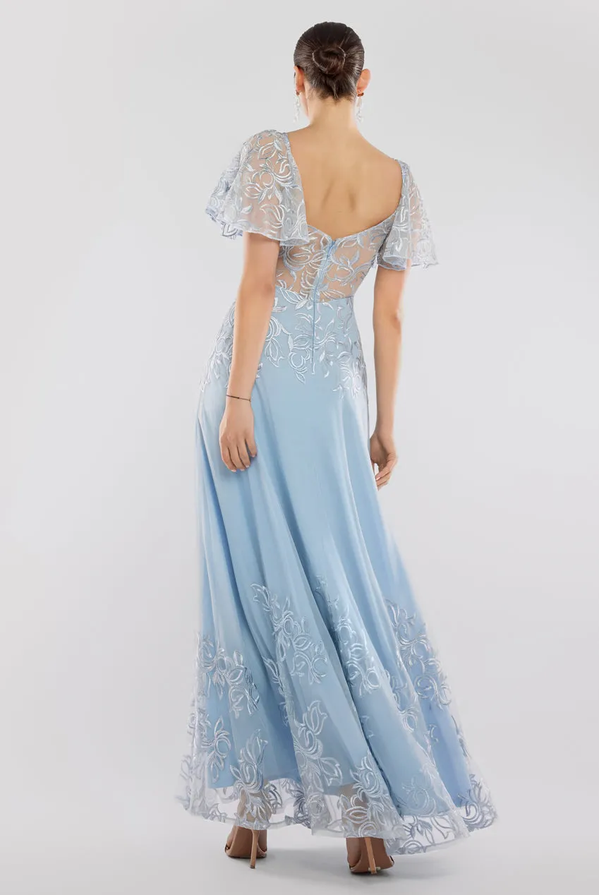 Lace Flutter Sleeve Embroidered Mesh A Line Maxi Dress - Blue by Goddiva sold by Goddiva product image thumbnail 3
