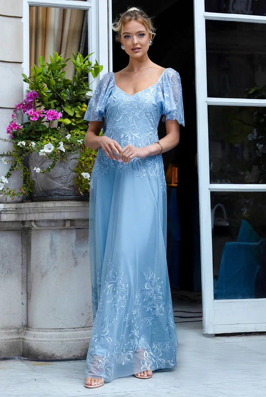 Lace Flutter Sleeve Embroidered Mesh A Line Maxi Dress - Blue by Goddiva sold by Goddiva
