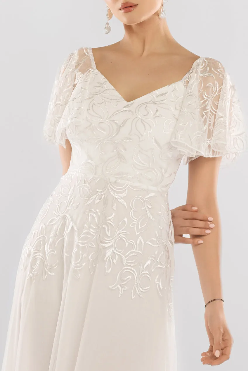 Lace Flutter Sleeve Embroidered Mesh A Line Maxi Dress - White by Goddiva sold by Goddiva product image thumbnail 3