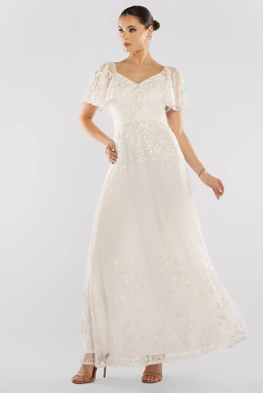 Lace Flutter Sleeve Embroidered Mesh A Line Maxi Dress - White by Goddiva sold by Goddiva