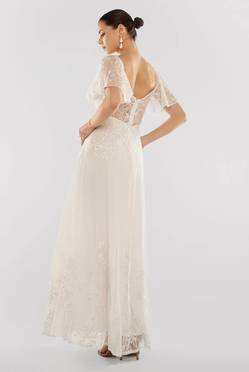 Lace Flutter Sleeve Embroidered Mesh A Line Maxi Dress - White by Goddiva sold by Goddiva product image thumbnail 2