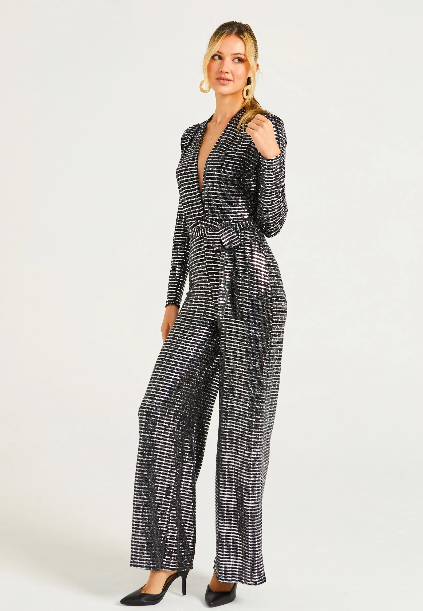 Sequin Plunge Neck Faux Wrap Jumpsuit In Silver by Angeleye sold by Goddiva product image thumbnail 5