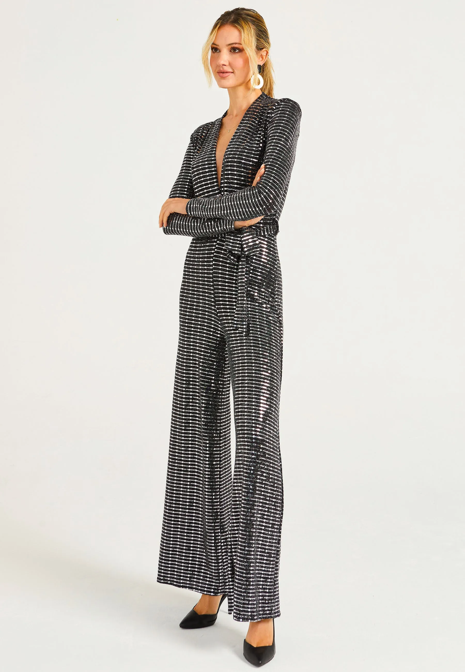 Sequin Plunge Neck Faux Wrap Jumpsuit In Silver by Angeleye sold by Goddiva product image thumbnail 2