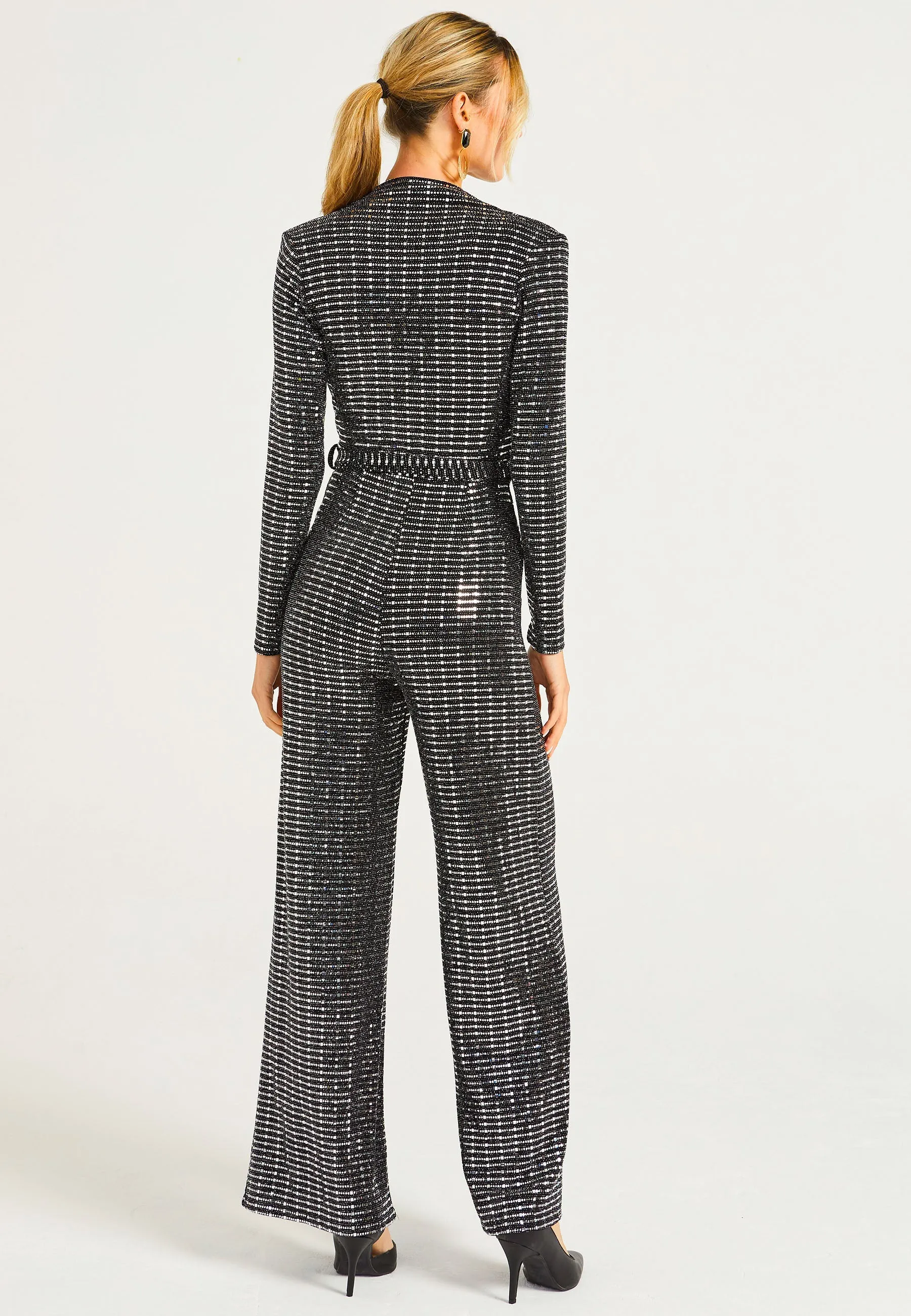 Sequin Plunge Neck Faux Wrap Jumpsuit In Silver by Angeleye sold by Goddiva product image thumbnail 3