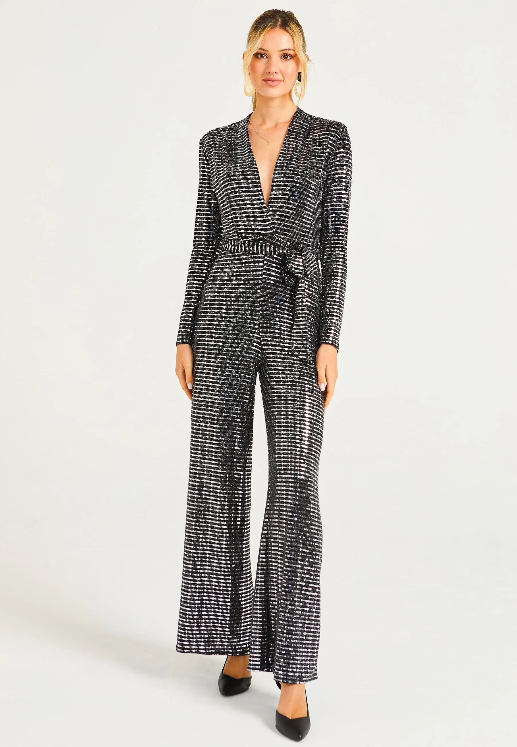 Sequin Plunge Neck Faux Wrap Jumpsuit In Silver by Angeleye sold by Goddiva product image thumbnail 4