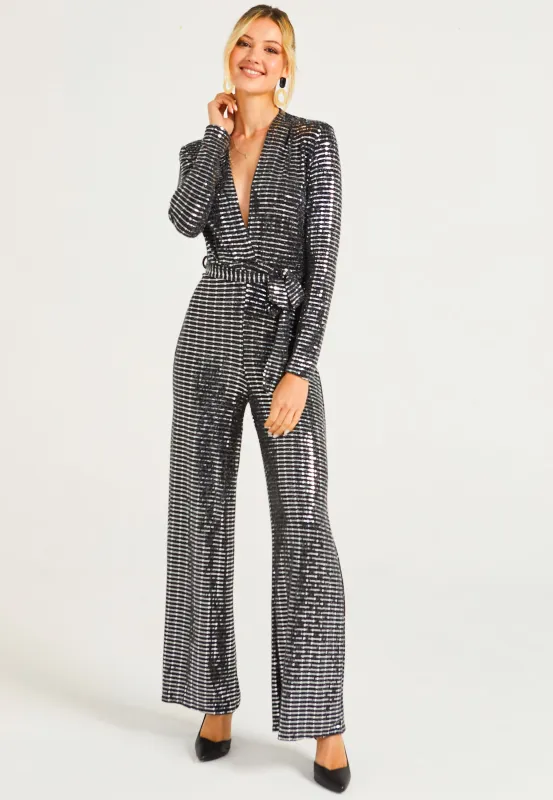 Sequin Plunge Neck Faux Wrap Jumpsuit In Silver by Angeleye sold by Goddiva