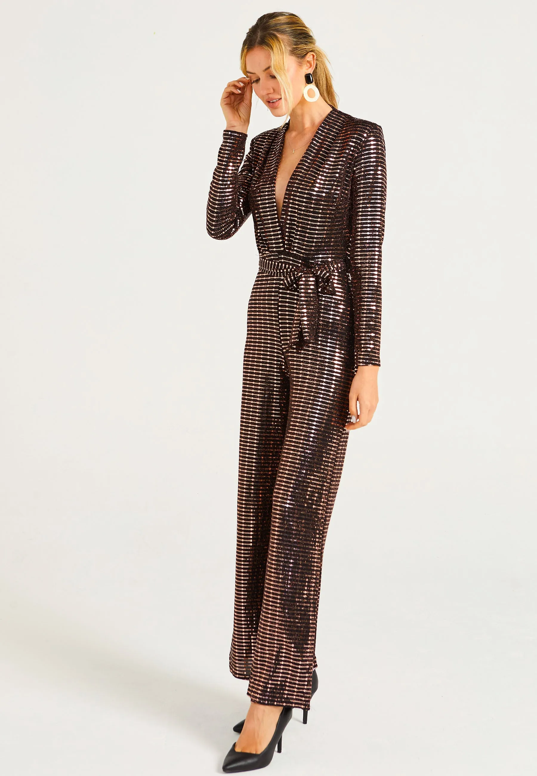 Sequin Plunge Neck Faux Wrap Jumpsuit In Gold by Angeleye sold by Goddiva product image thumbnail 5