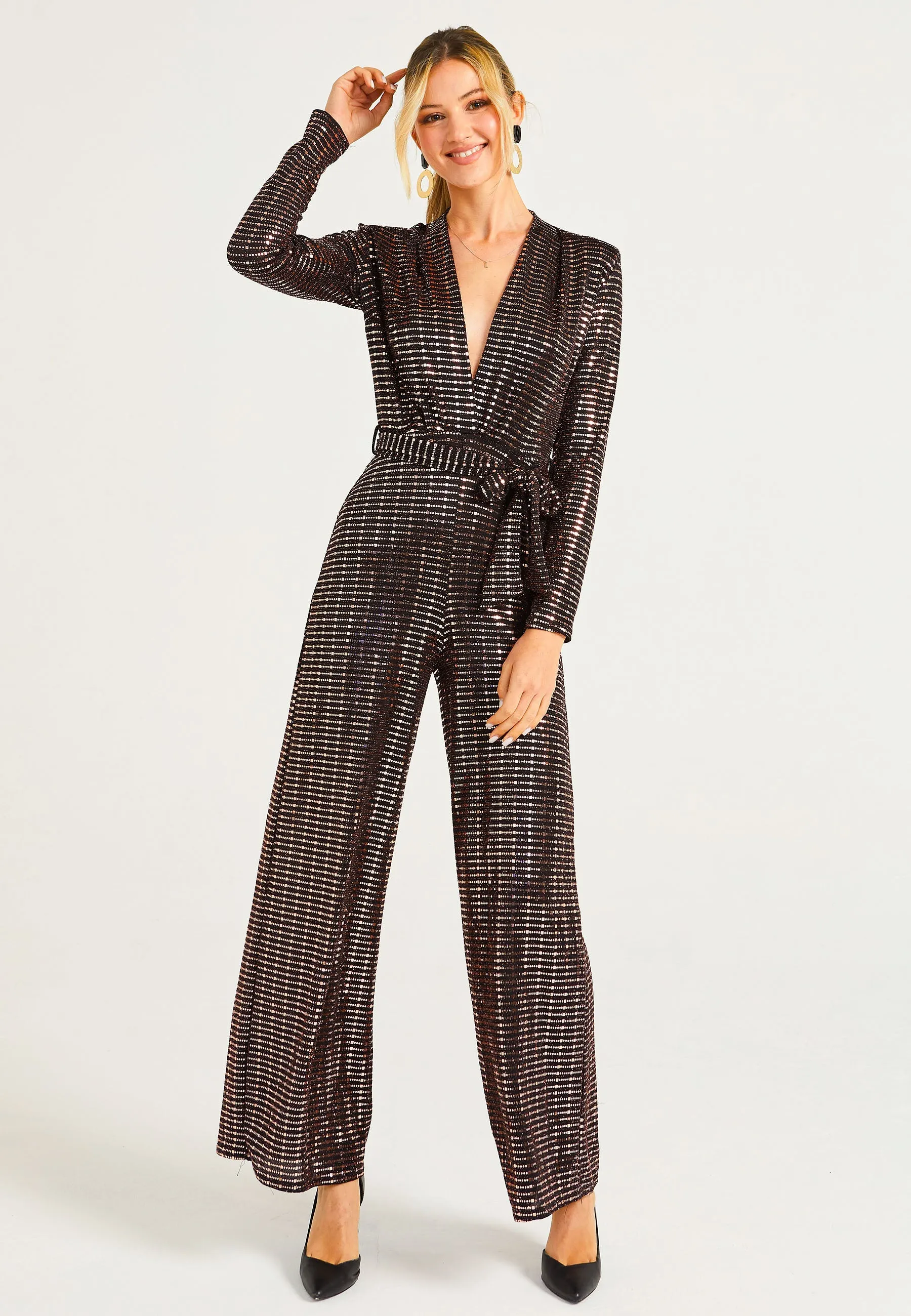 Sequin Plunge Neck Faux Wrap Jumpsuit In Gold by Angeleye sold by Goddiva product image thumbnail 2