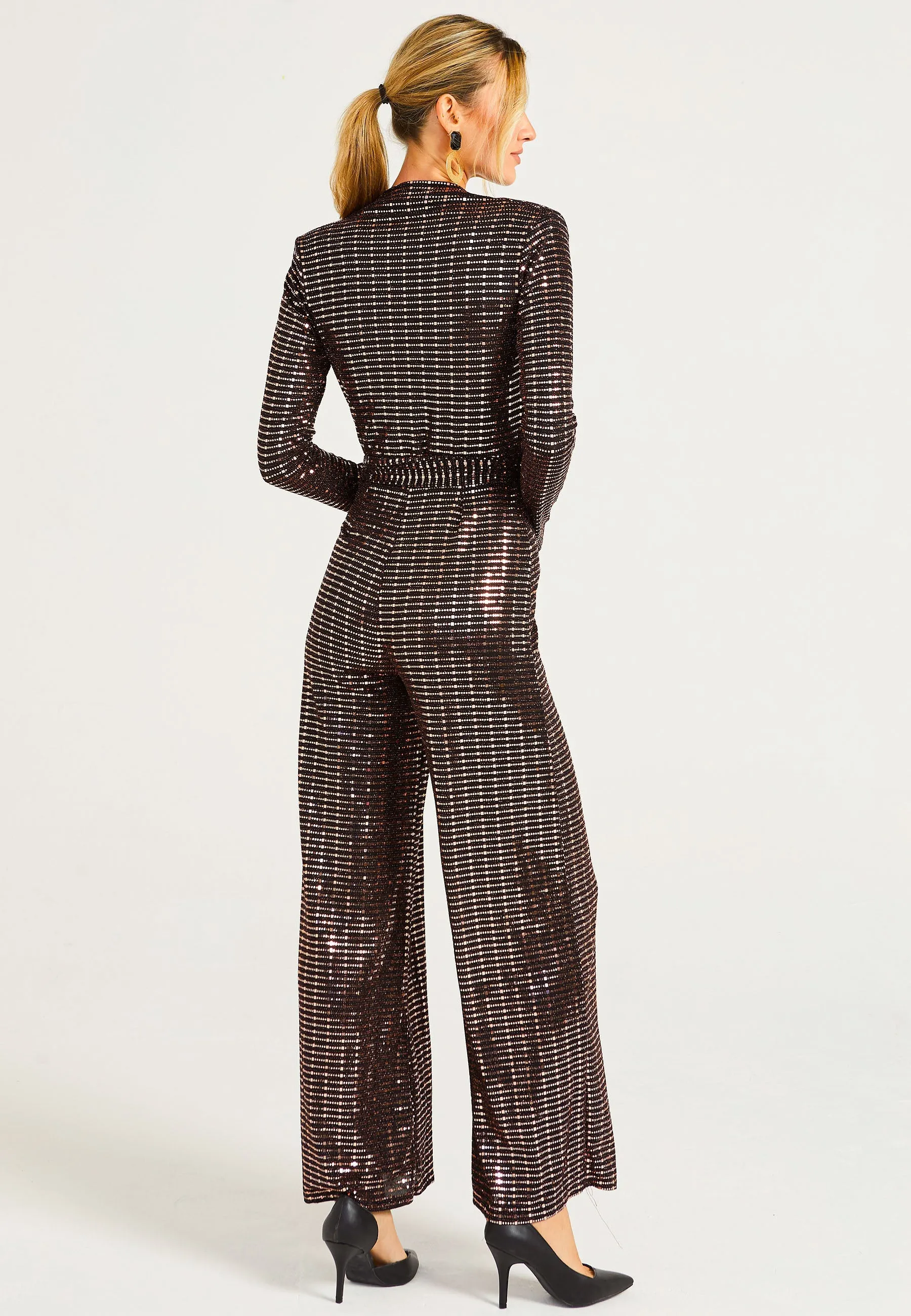 Sequin Plunge Neck Faux Wrap Jumpsuit In Gold by Angeleye sold by Goddiva product image thumbnail 3