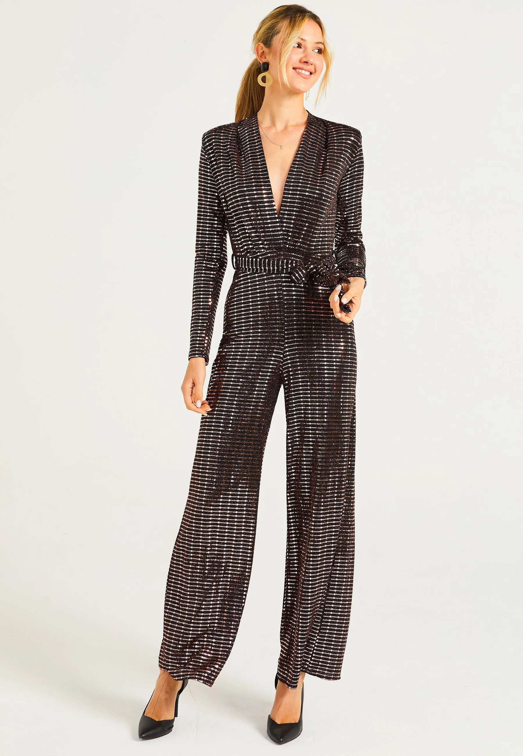 Sequin Plunge Neck Faux Wrap Jumpsuit In Gold by Angeleye sold by Goddiva product image thumbnail 4