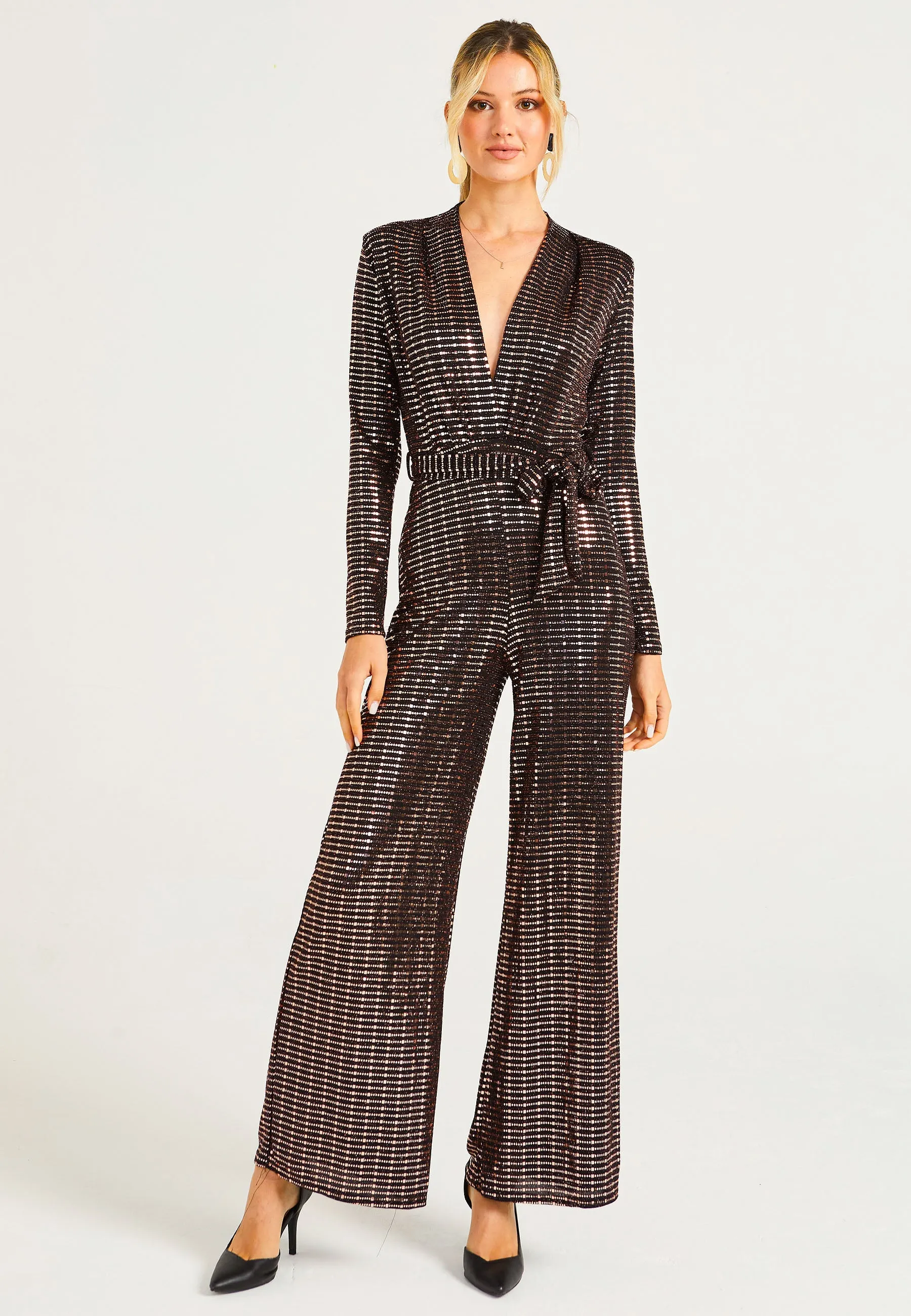 Sequin Plunge Neck Faux Wrap Jumpsuit In Gold by Angeleye sold by Goddiva