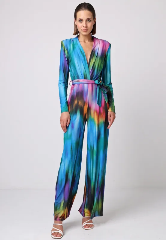 Plunge Neck Wide Leg Long Sleeve Jumpsuit In Tie Dye by Angeleye sold by Goddiva