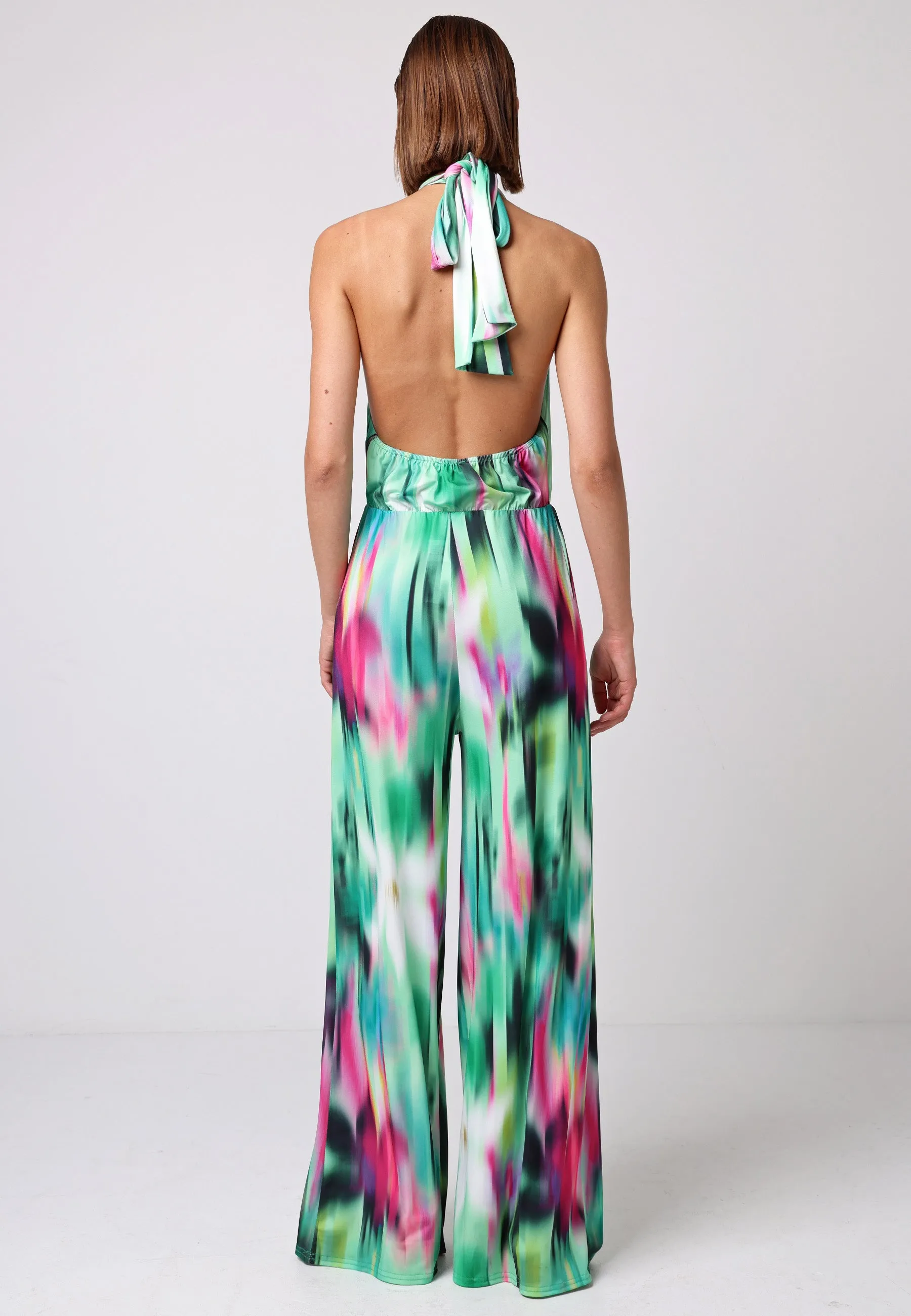 Halterneck Jumpsuit With Elasticated Waist In Brush Stroke Print by Angeleye sold by Goddiva product image thumbnail 5