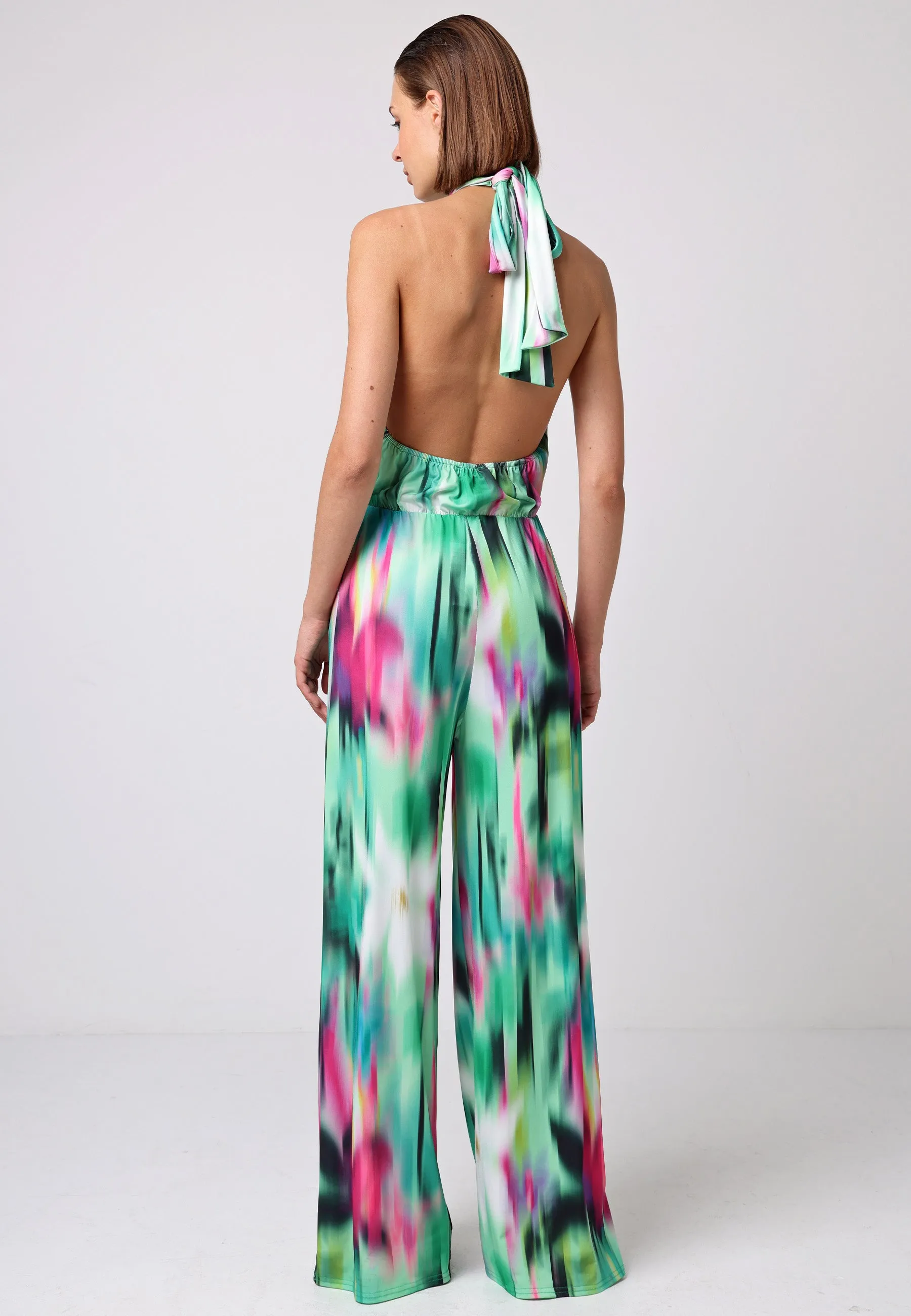 Halterneck Jumpsuit With Elasticated Waist In Brush Stroke Print by Angeleye sold by Goddiva product image thumbnail 2