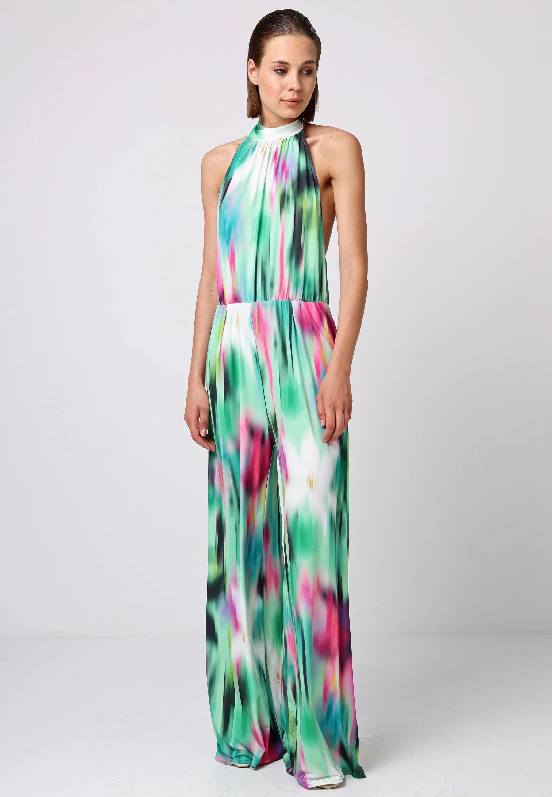Halterneck Jumpsuit With Elasticated Waist In Brush Stroke Print by Angeleye sold by Goddiva product image thumbnail 4