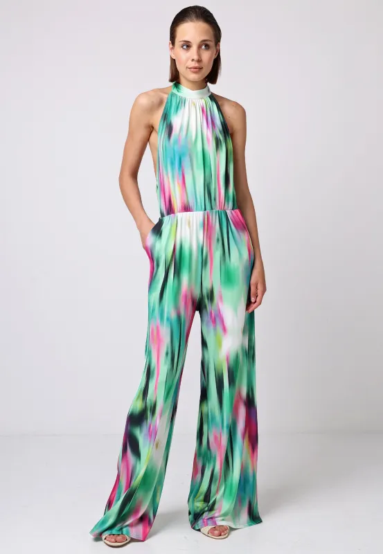 Halterneck Jumpsuit With Elasticated Waist In Brush Stroke Print by Angeleye sold by Goddiva