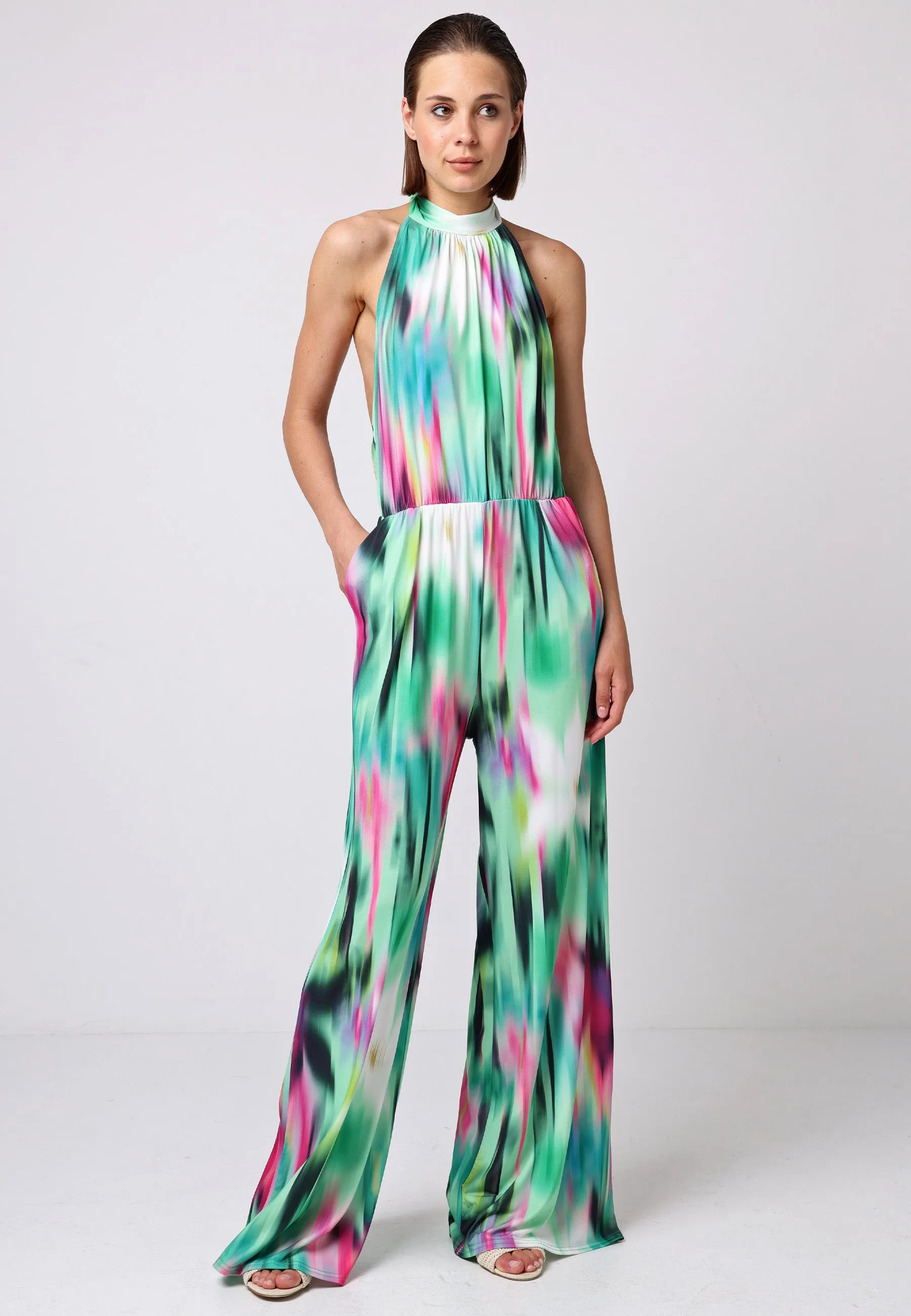 Halterneck Jumpsuit With Elasticated Waist In Brush Stroke Print by Angeleye sold by Goddiva
