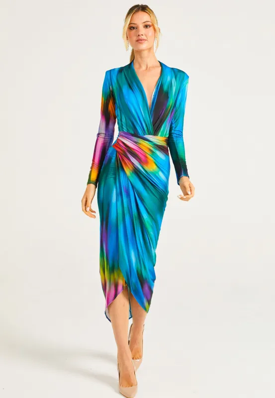 Plunge Neck Faux Wrap Print Midi Dress In Tie Dye by Angeleye sold by Goddiva