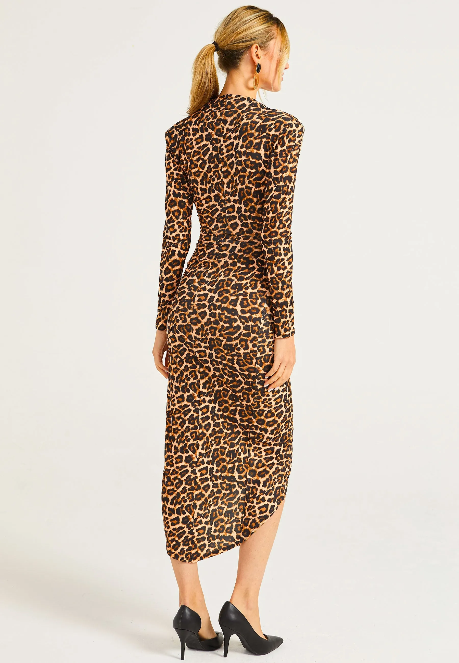 Plunge Neck Faux Wrap Print Midi Dress In Leopard by Angeleye sold by Goddiva product image thumbnail 3